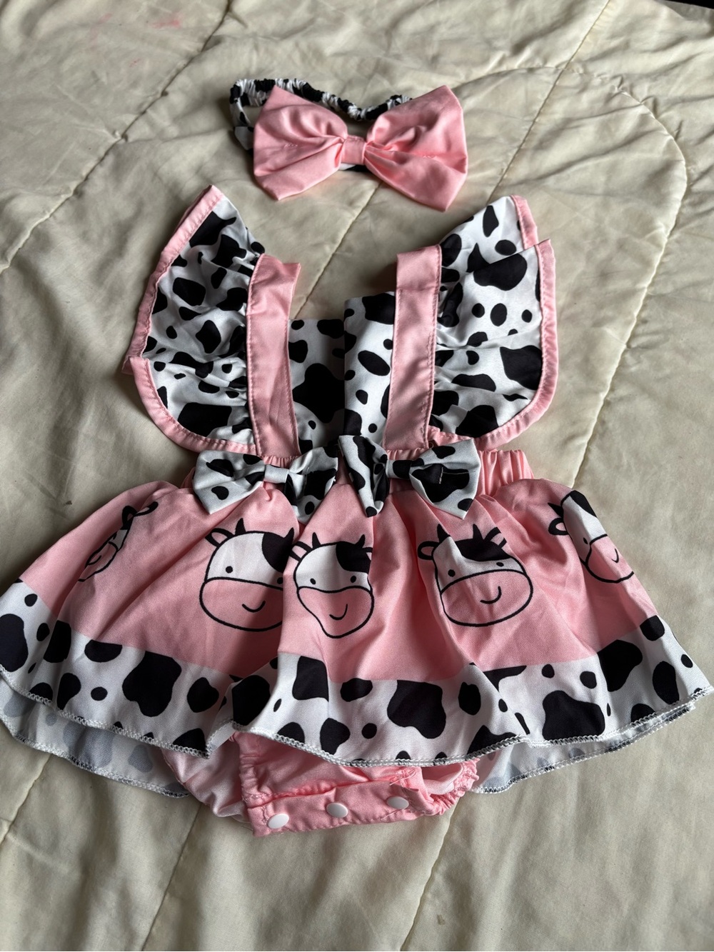 Pink Cow-Print Baby Dress & Headband Set Size 0-3 month